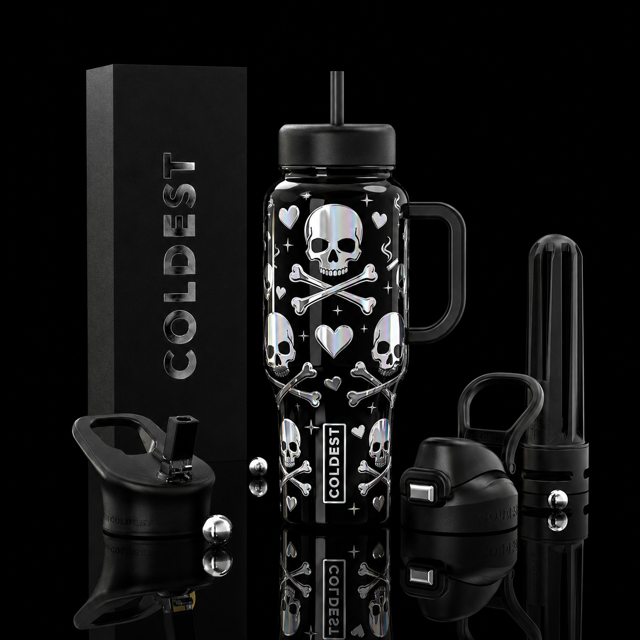 Moonlight skulls and hearts water bottle design