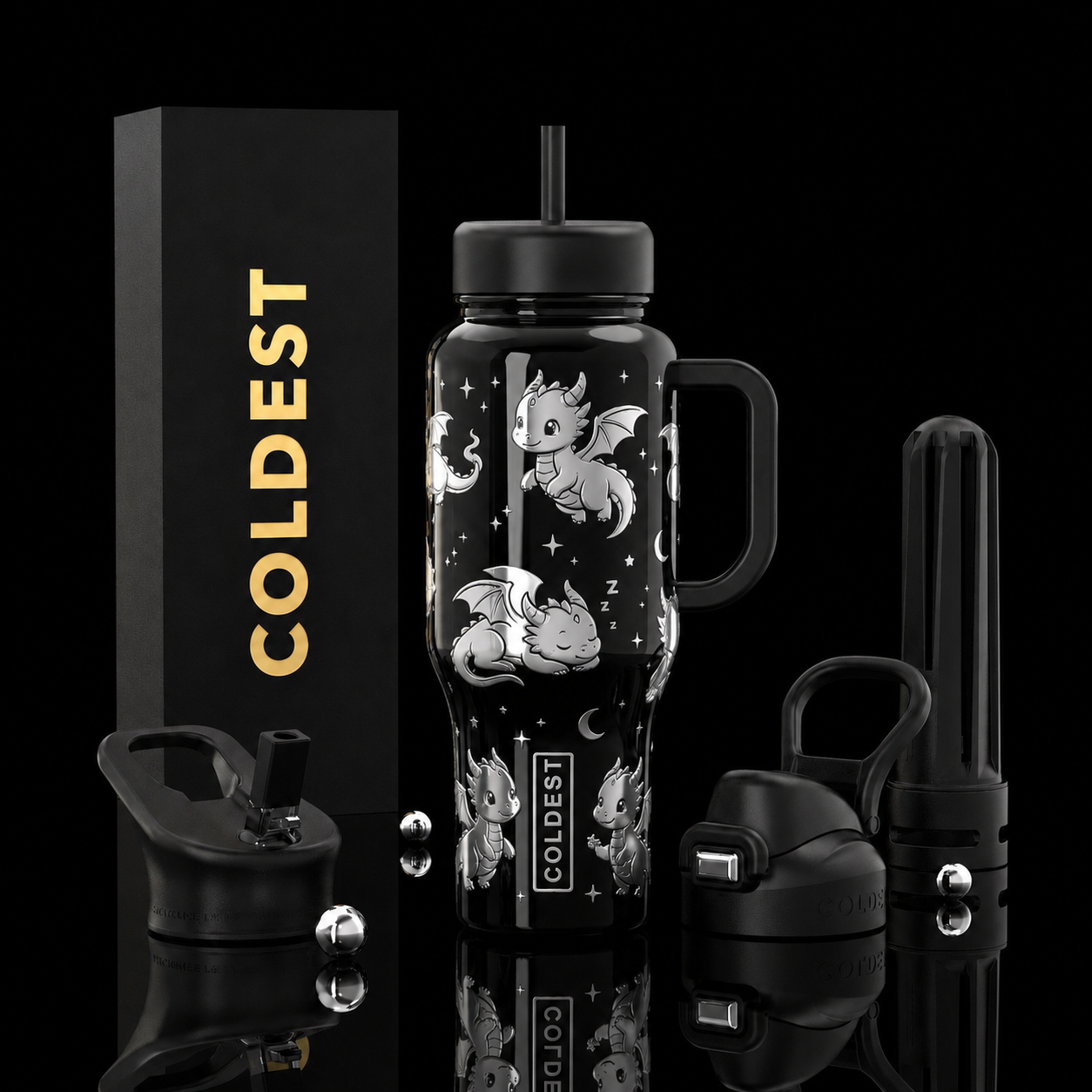 Moonlight baby dragon water bottle design