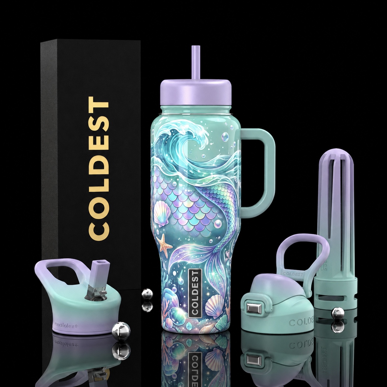 Mermaid Tides & Tales water bottle design