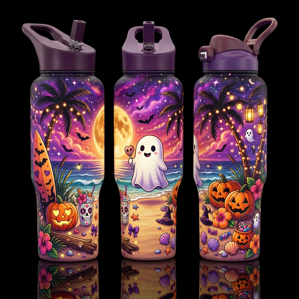 Haunted Paradise: Summerween water bottle design