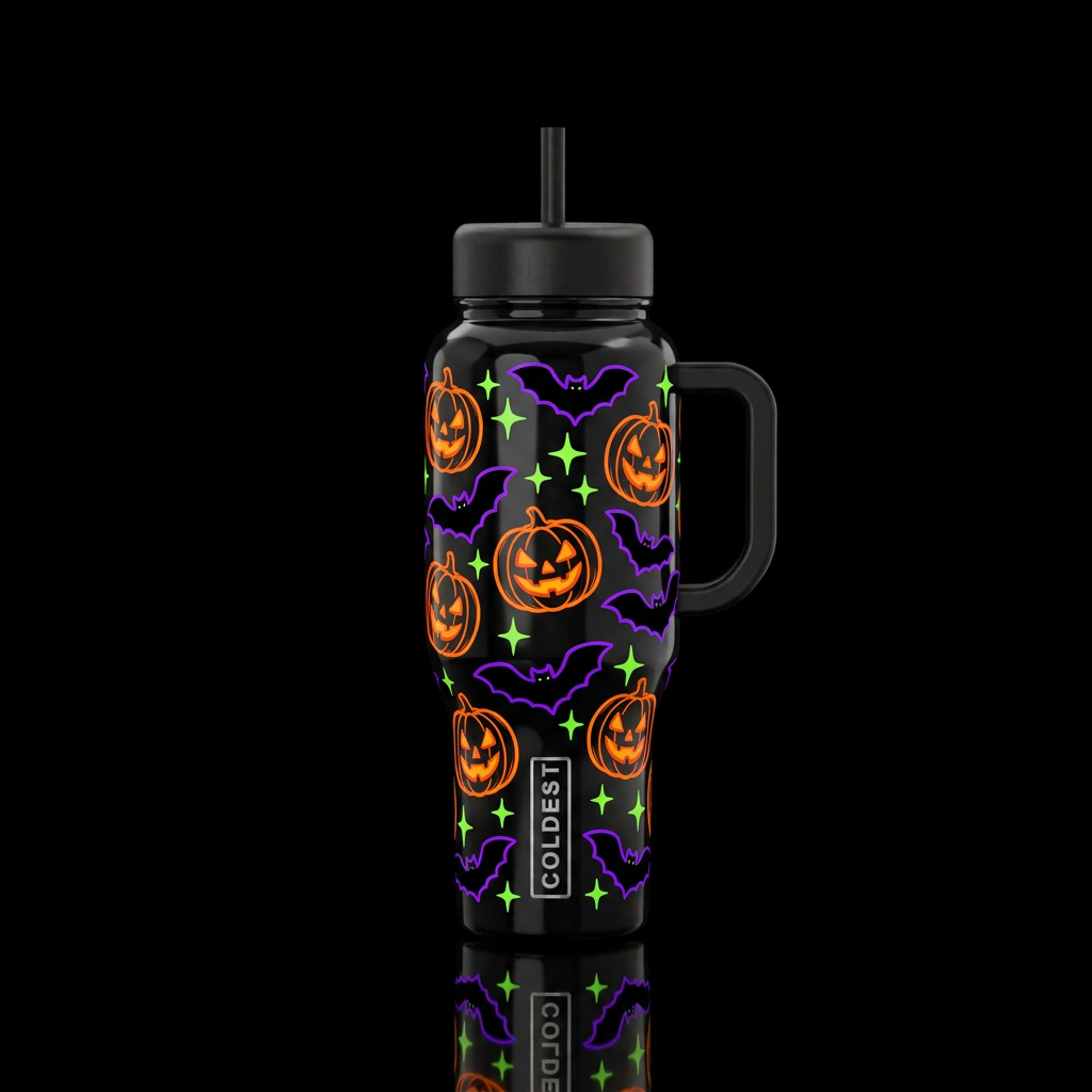 Enchanted Bats & Pumpkins (glowie) water bottle design