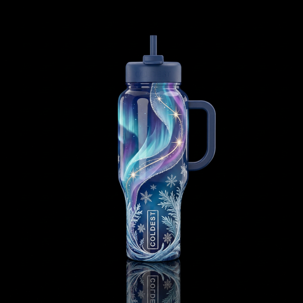 Aurora’s Winter Dance water bottle design