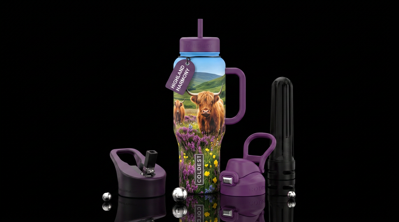 Highland cows in a flower field water bottle design