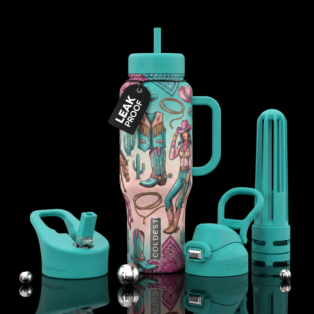 Western cowgirl with teals and pink water bottle design