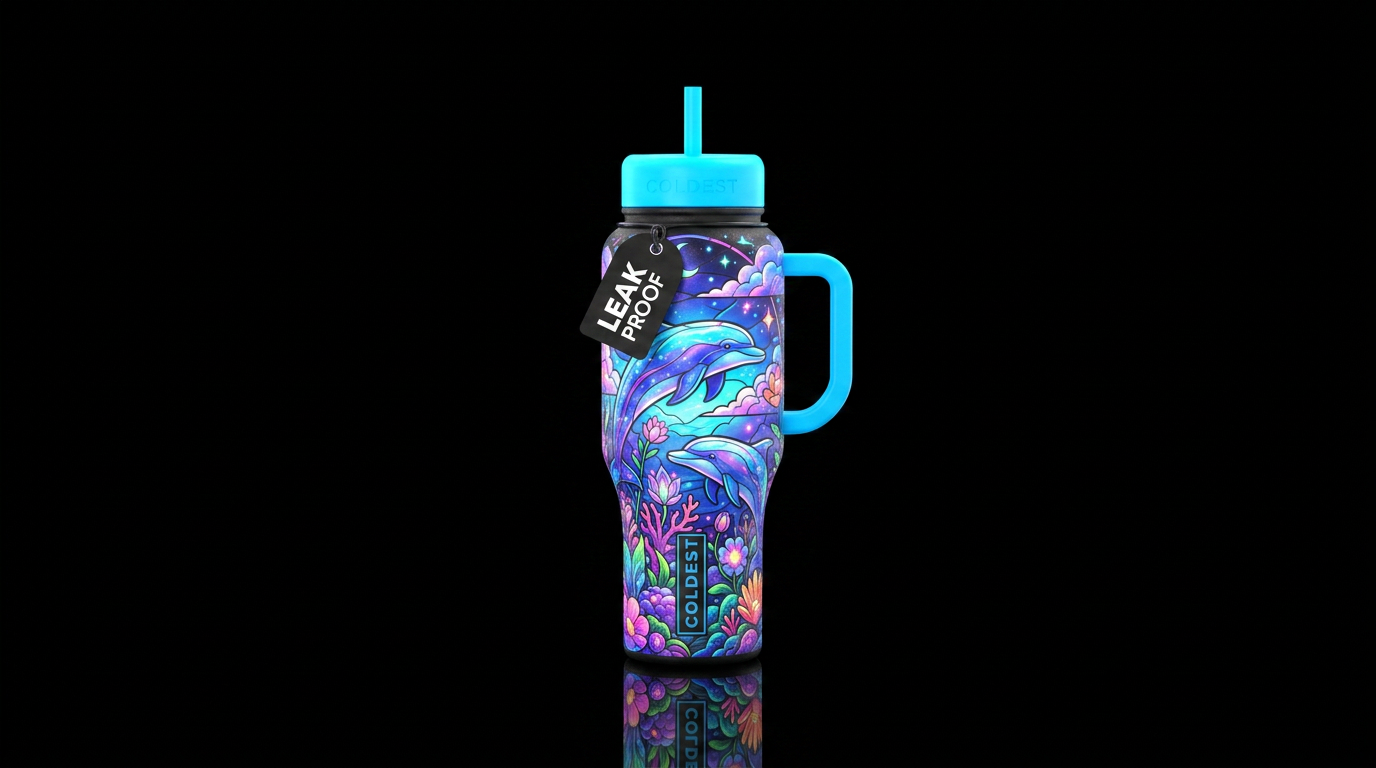 Dolphins, dreamy, stained glass, garden, neon water bottle design