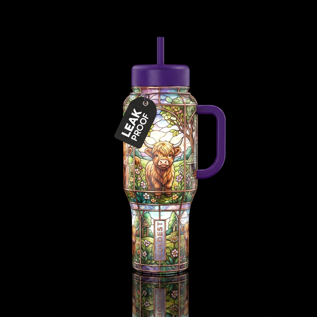 Baby highland cows, garden, stained glass, dreamy water bottle design