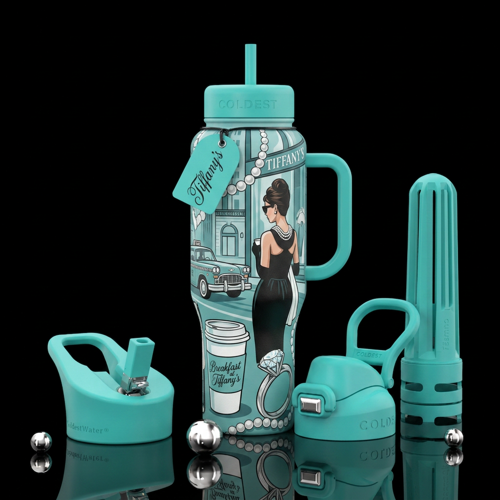 Breakfast at Tiffany's water bottle design