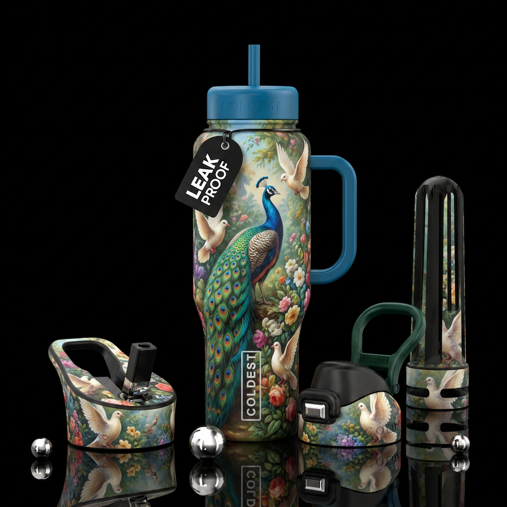 A Peacock and Doves in a Garden water bottle design