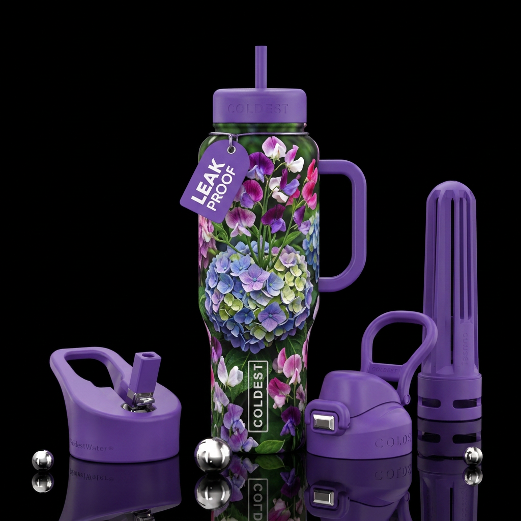 A Sweet Pea plant fused in the middle of a Hydrang... water bottle design