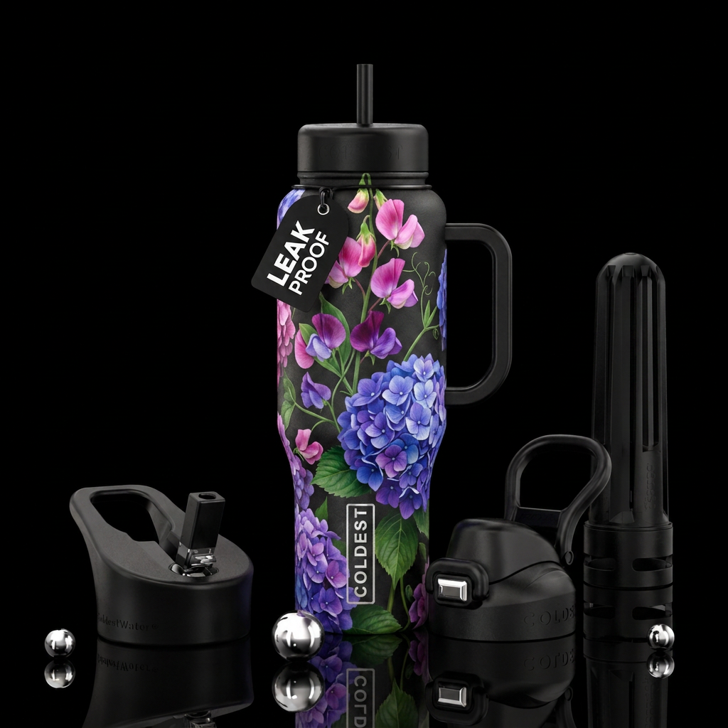 A Sweet Pea plant fused in the middle of a Hydrang... water bottle design