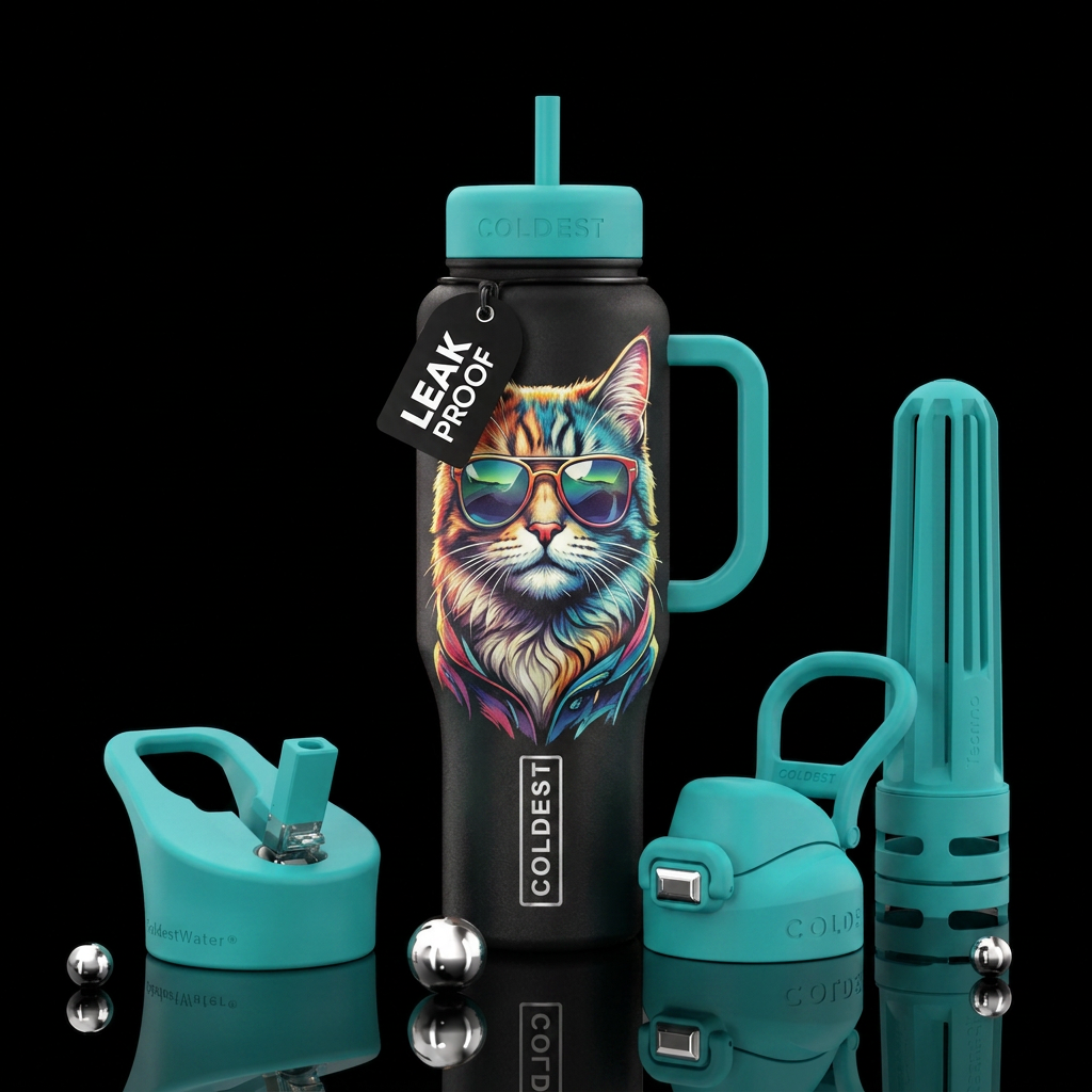 Cat wearing sunglasses water bottle design