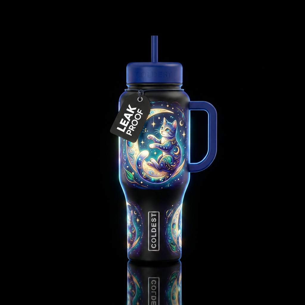 Light-up Cat and Moon water bottle design