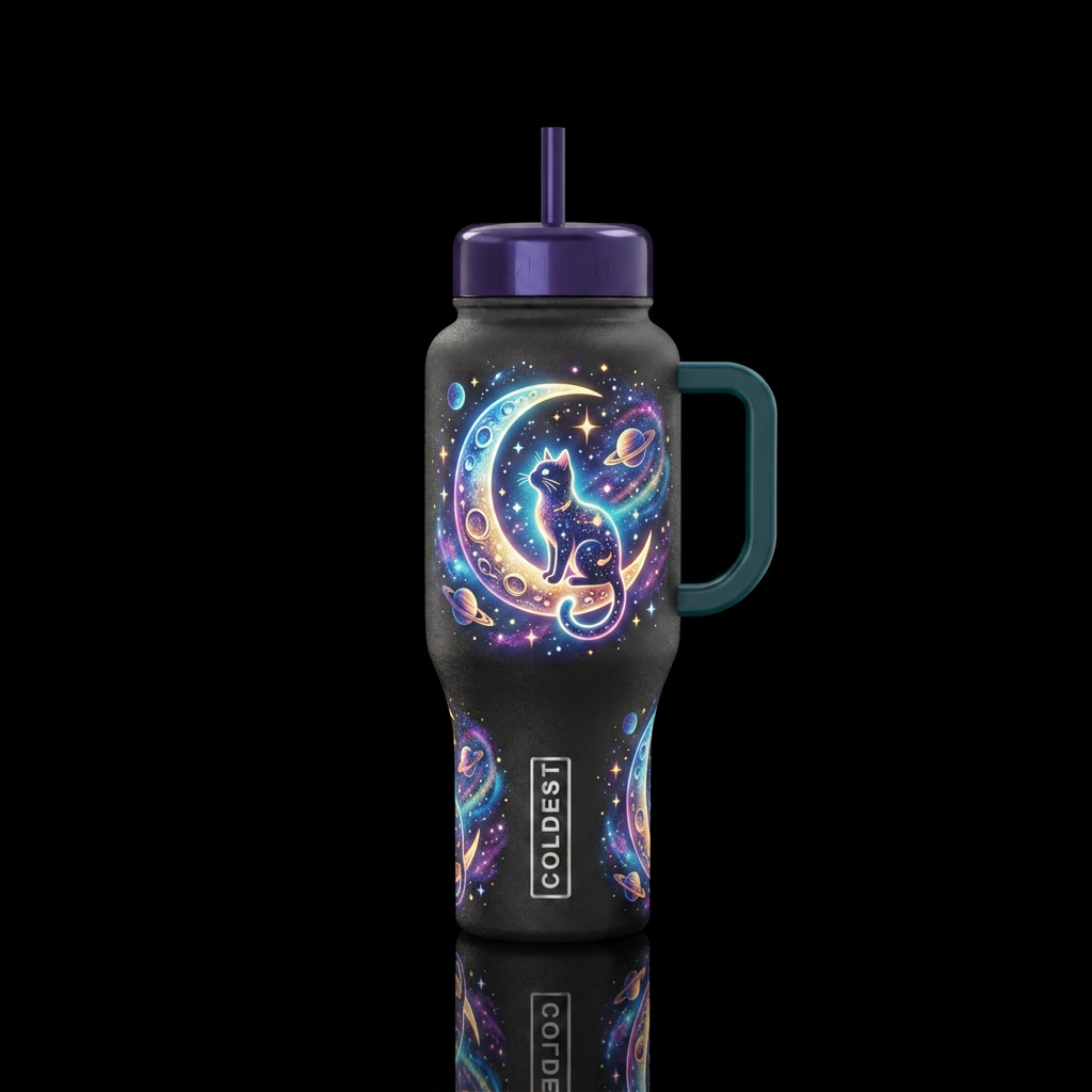 Light-up Cat and Moon water bottle design