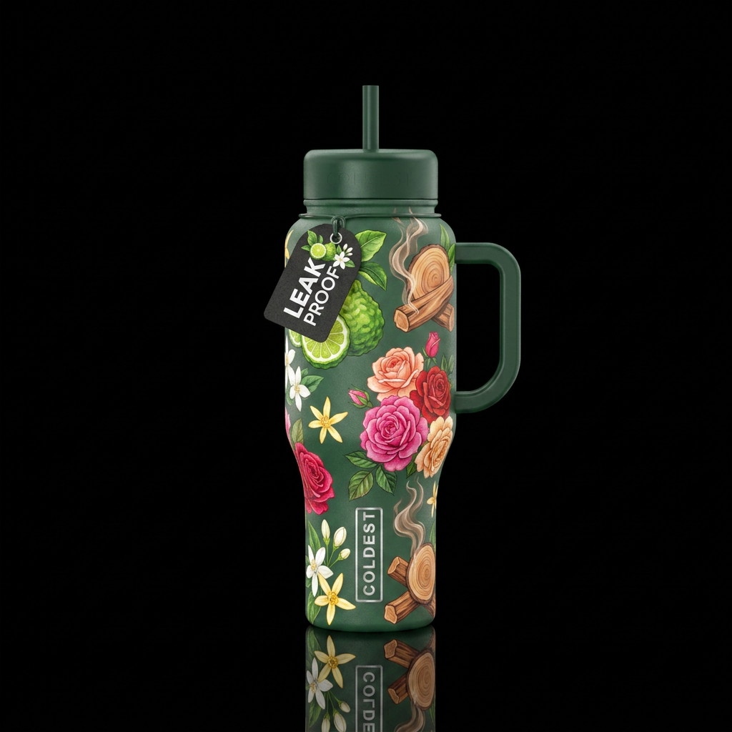 Bergot + Jasmine + Roses + Sandalwood water bottle design