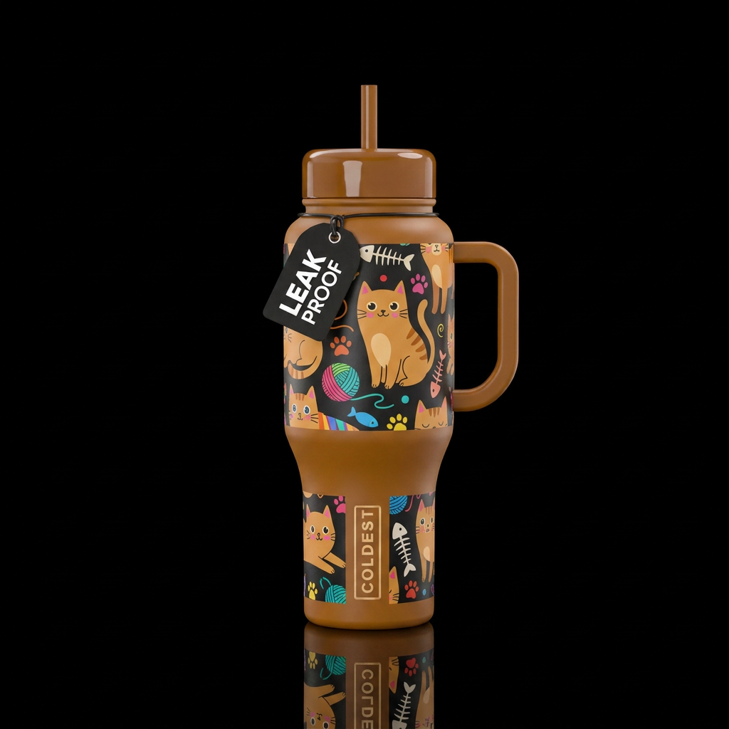 Caramel Meow water bottle design