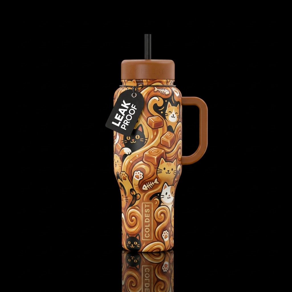 Caramel Meow water bottle design