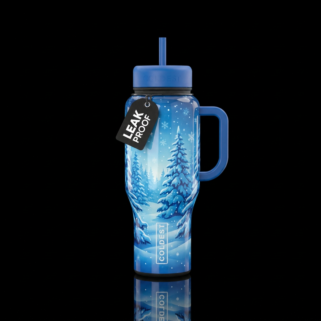 Blue Winter trees snowfall magical mystical landsc... water bottle design