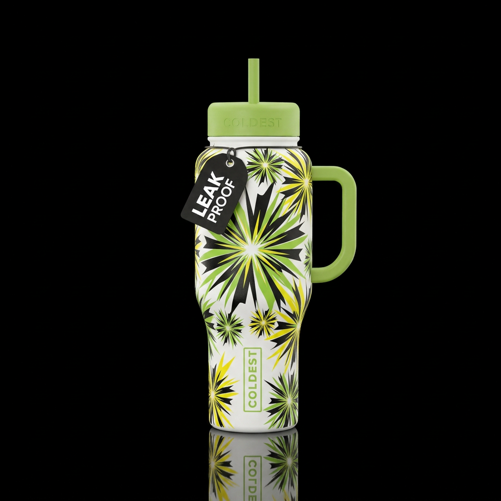 White with black starburst lime, green and yellows water bottle design