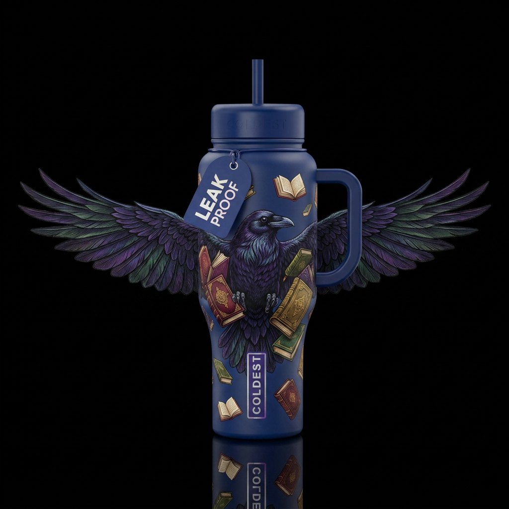 Make a raven with the body on one side with the wi... water bottle design