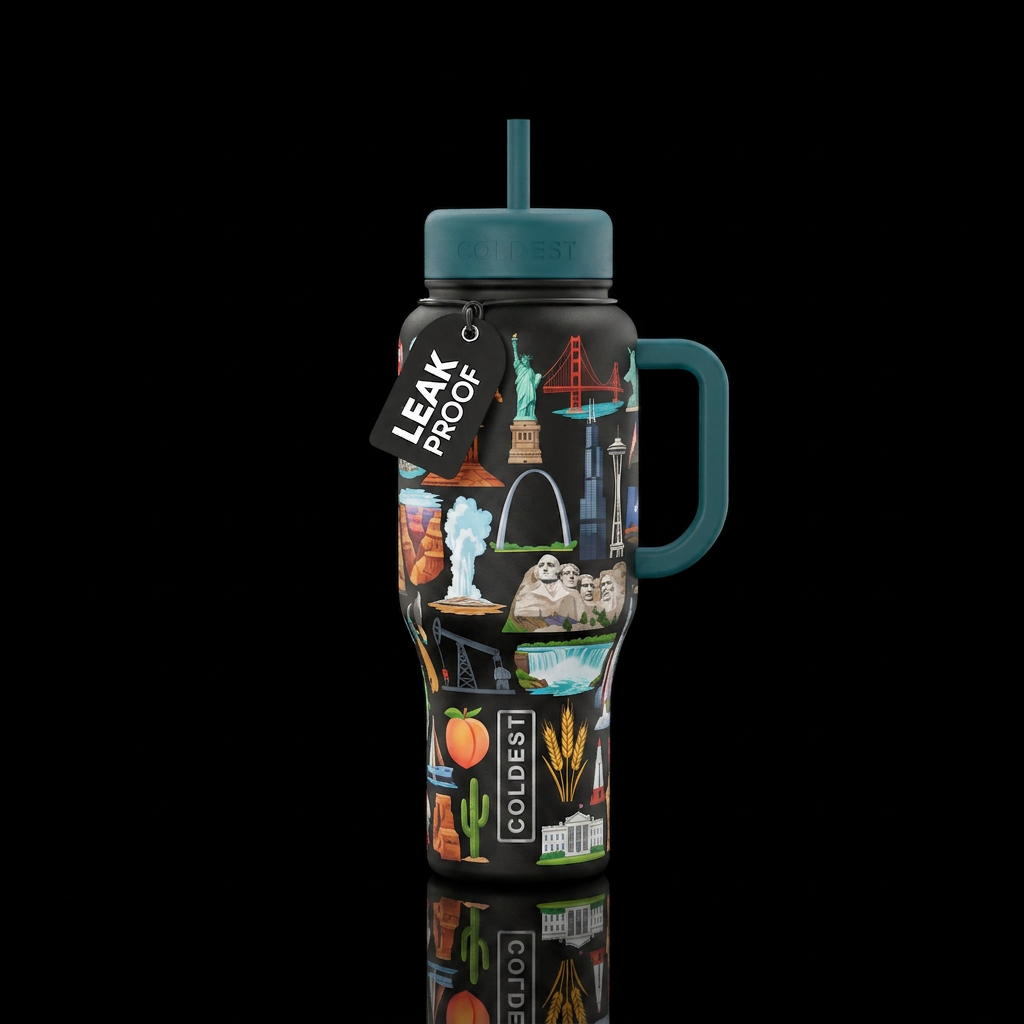 Make a fun design that includes all 50 states in t... water bottle design