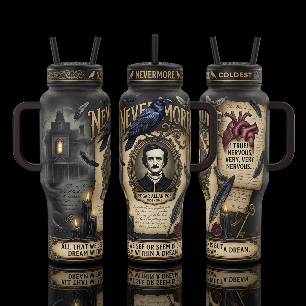 🖤 Edgar Allan Poe Tumbler Design: “Nevermore” Ove... water bottle design
