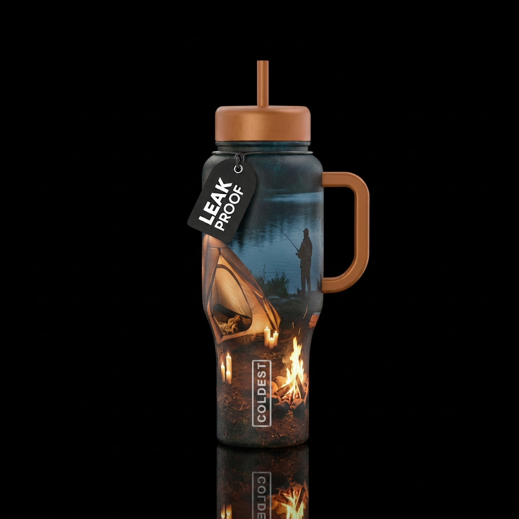 A ca ping scene with fishing in the background.   ... water bottle design