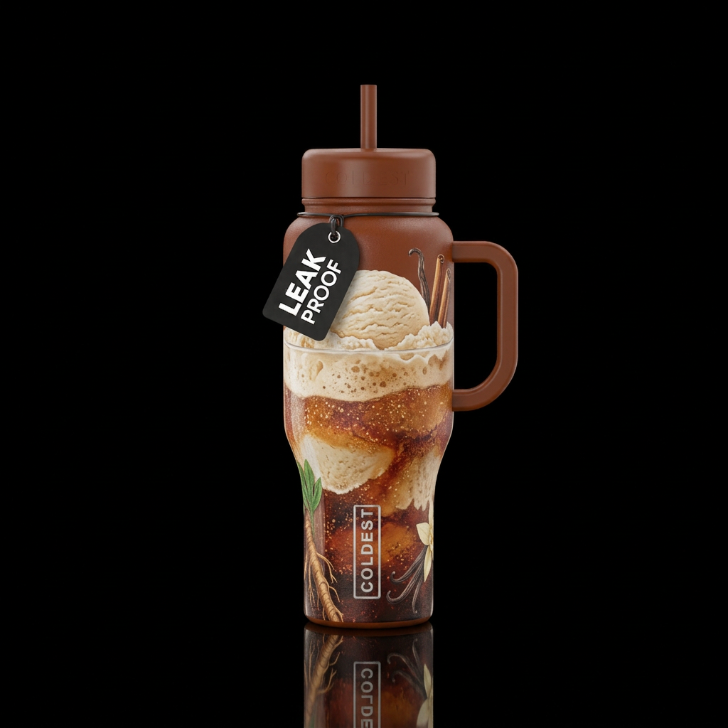 Make a fun design with a root beer float and the i... water bottle design