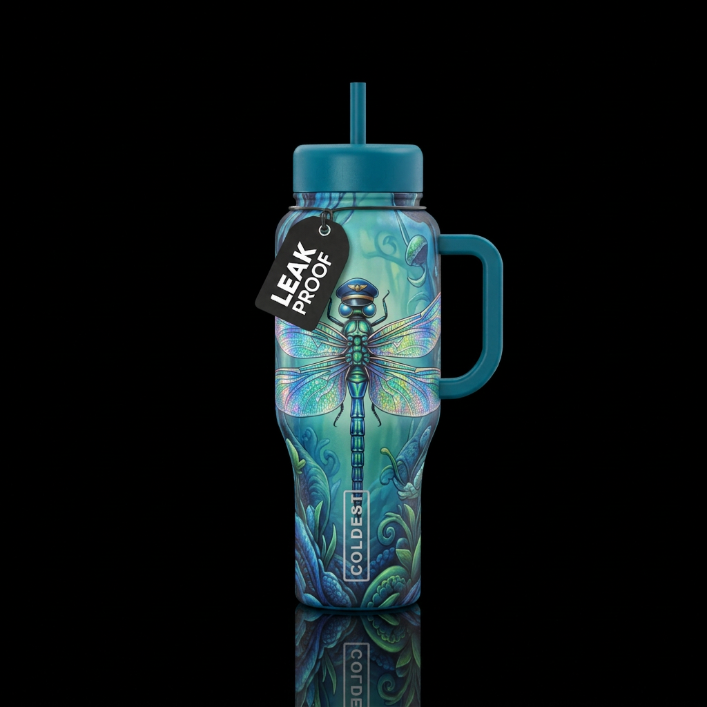 Beautiful blue and green dragonfly with gorgeous i... water bottle design