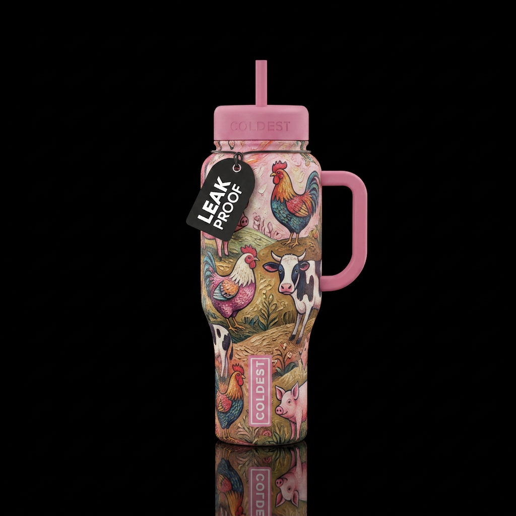 Chickens cows and pigs girly water bottle design