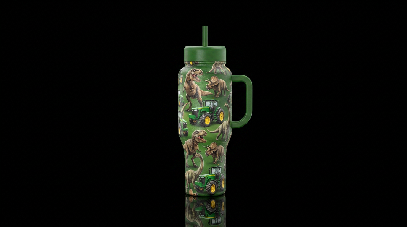 Dinosaurs and green tractors water bottle design