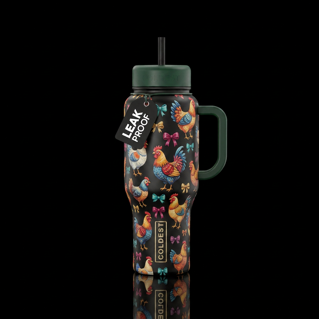 Chickens and bows water bottle design