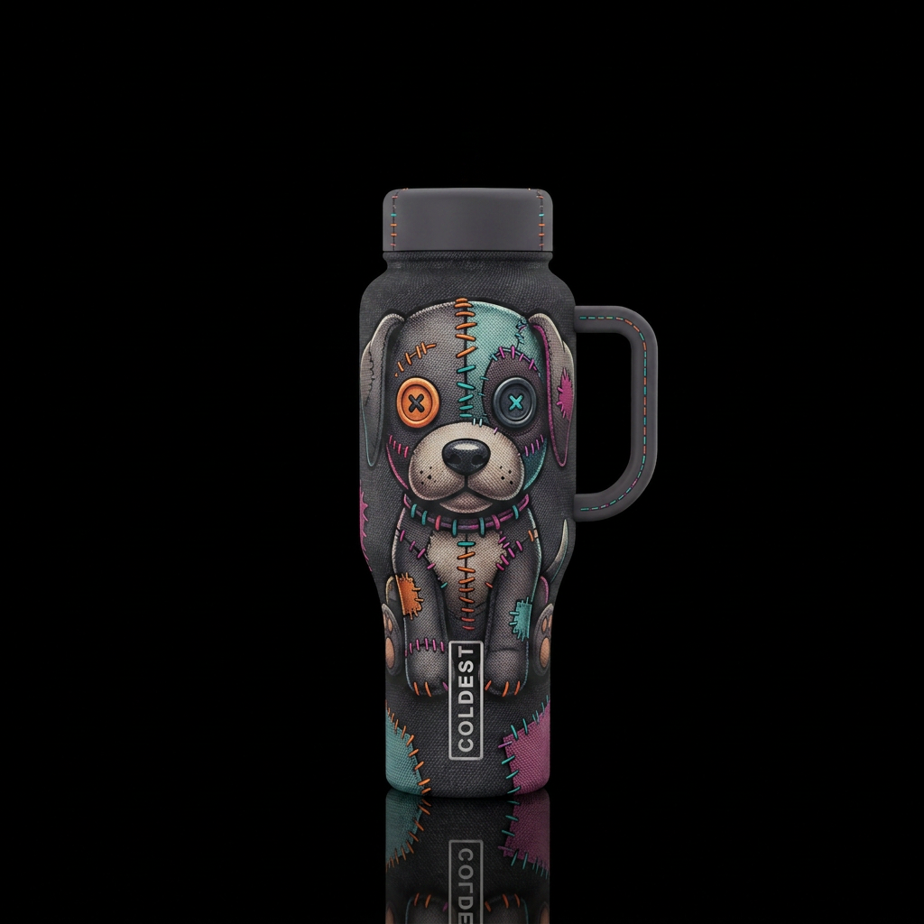 Stitched puppy water bottle design