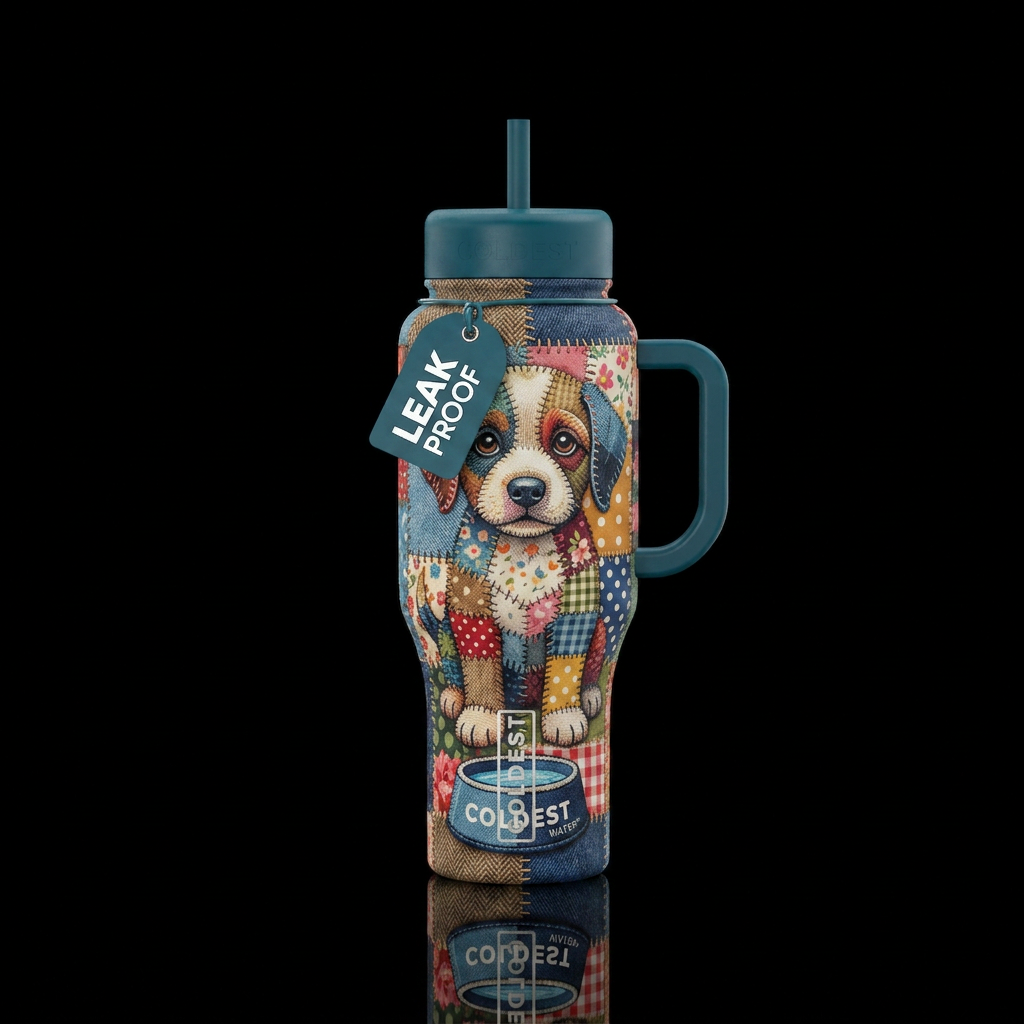 Patchwork Puppy water bottle design
