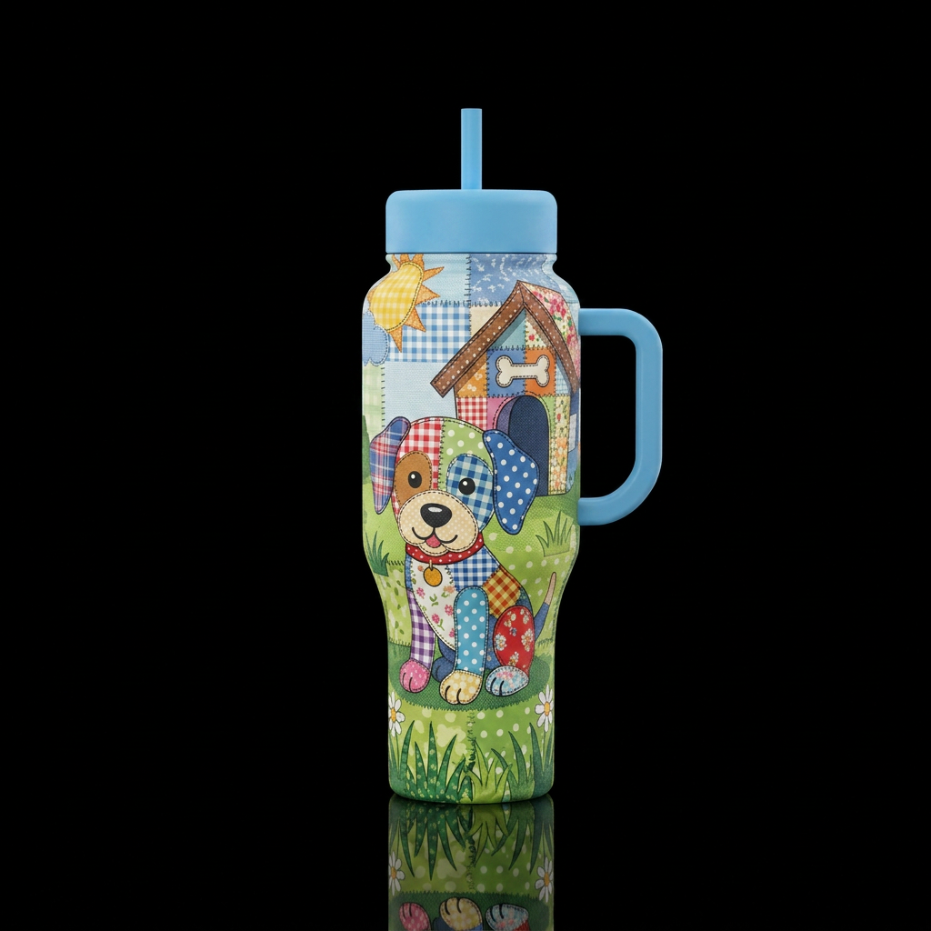 Puppy patchwork water bottle design