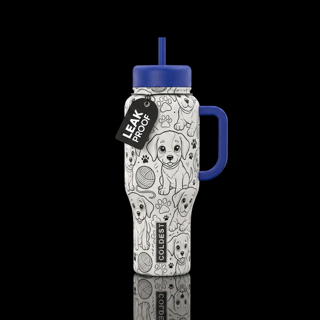 Puppy coloring book water bottle design