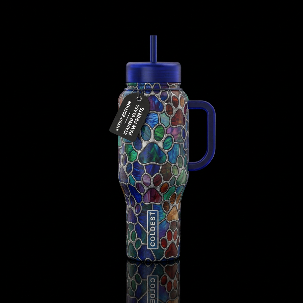 Stained glass paw prints water bottle design