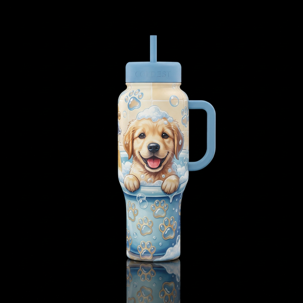 Puppy bathtime water bottle design