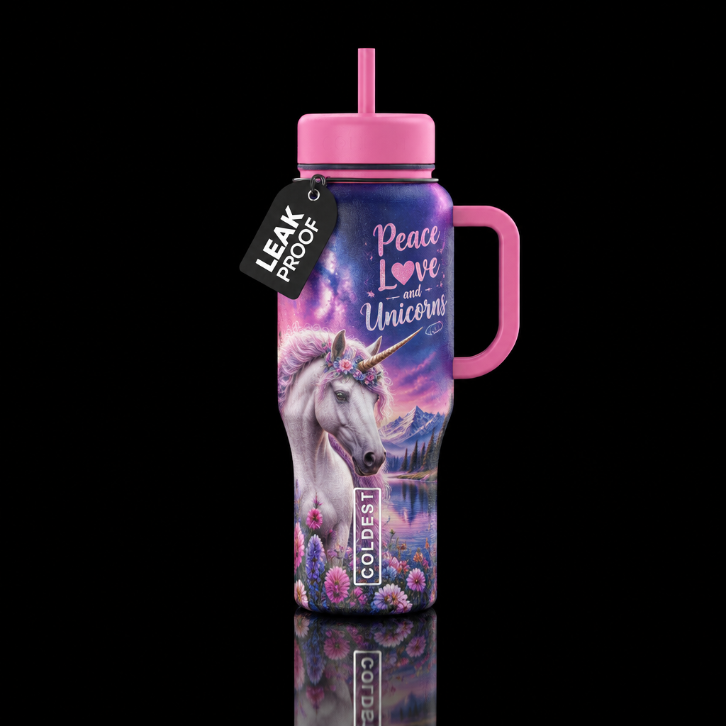 Peace, Love, and Unicorns water bottle design
