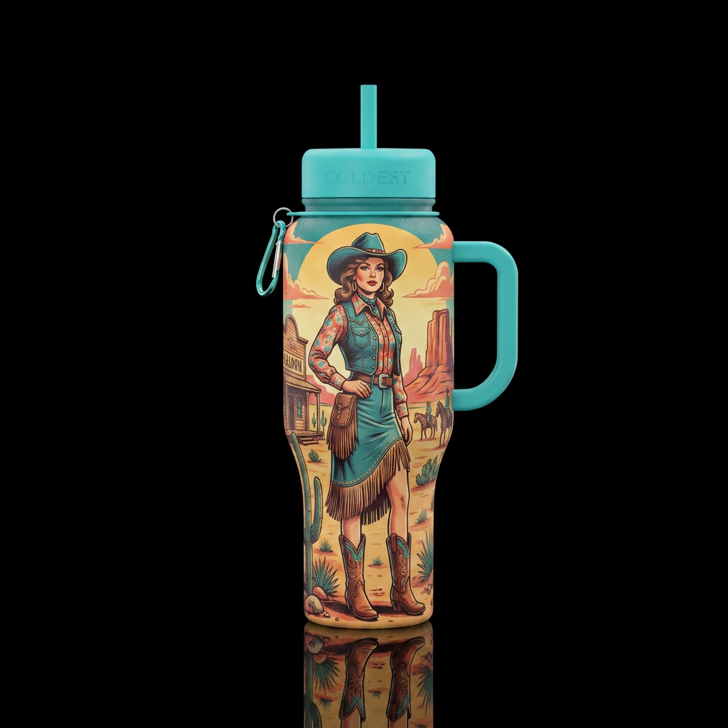 Vintage female western water bottle design