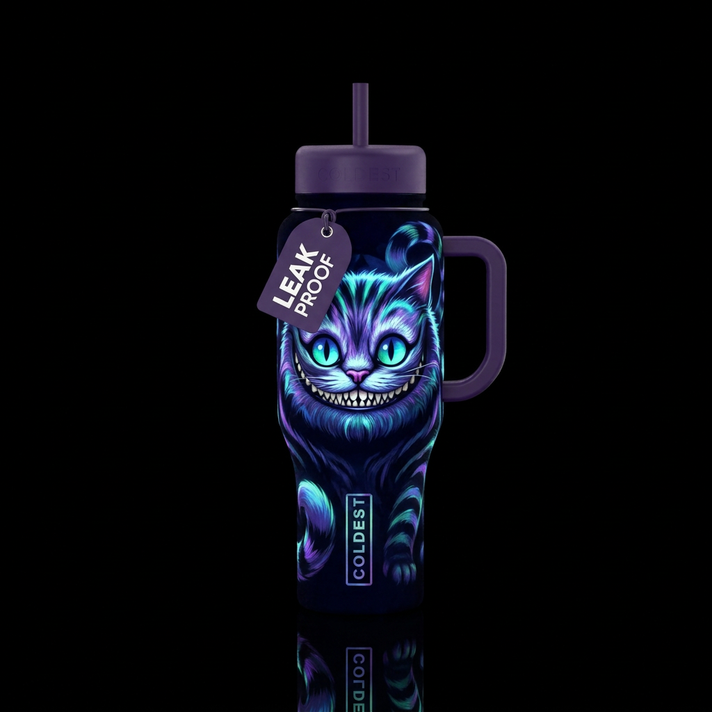 Cheshire cat glowie water bottle design