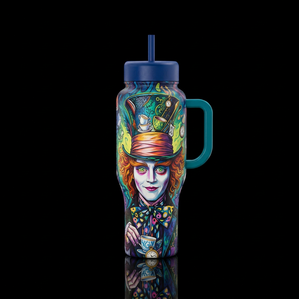 Mad hatter water bottle design