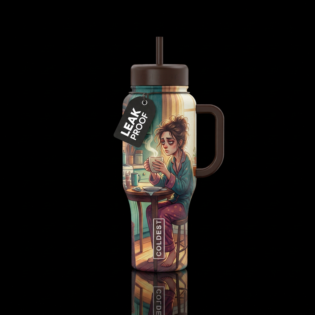 Tired woman drinking coffee in solitude water bottle design
