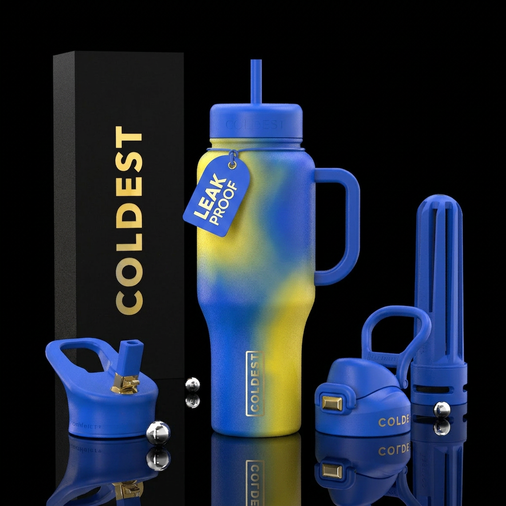 Blue and yellow water bottle design