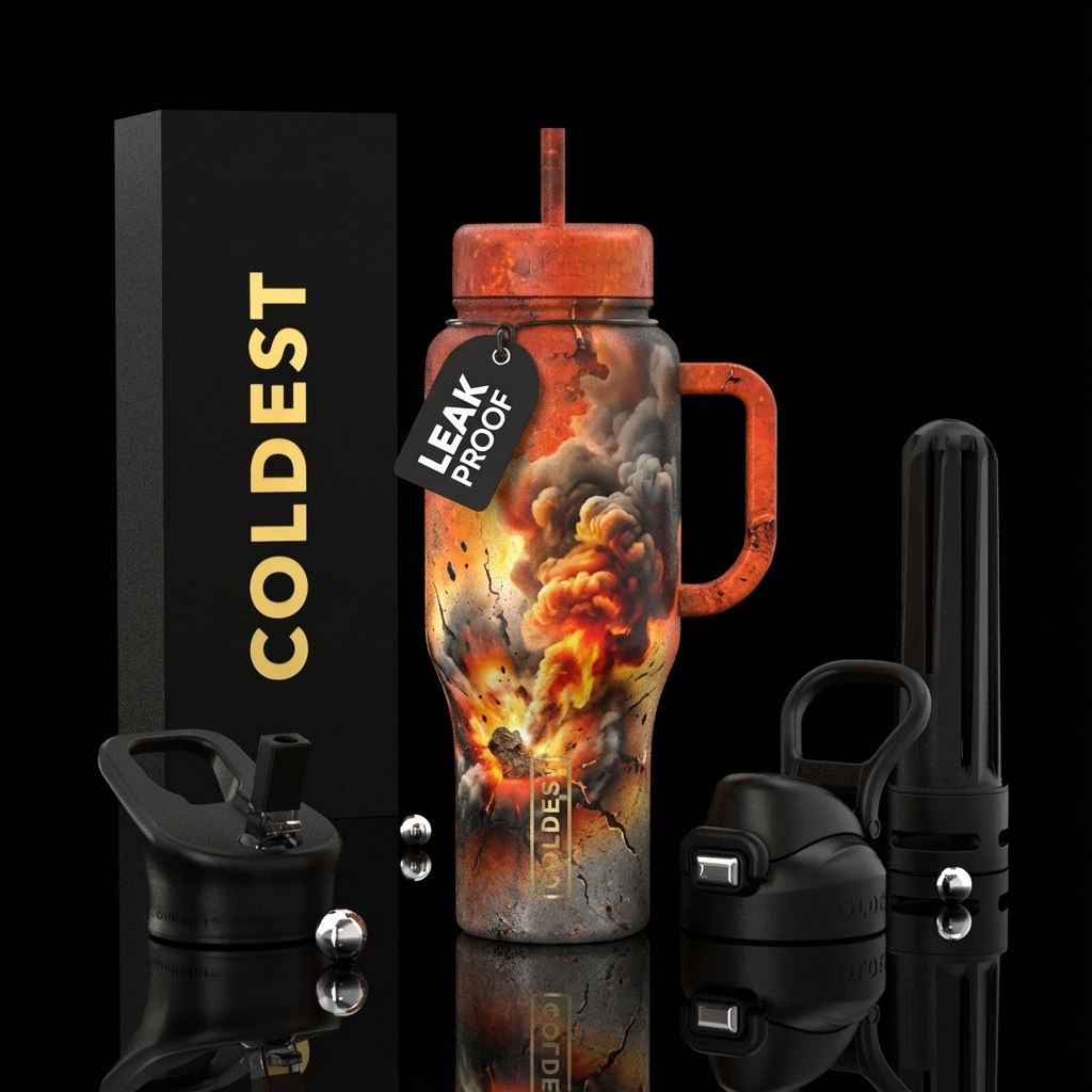 explosive, vibrant, realism, smoke, rugged, rustic water bottle design