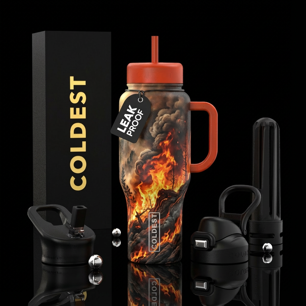 Fire, smoke, wildland, rugged, rustic, realism water bottle design