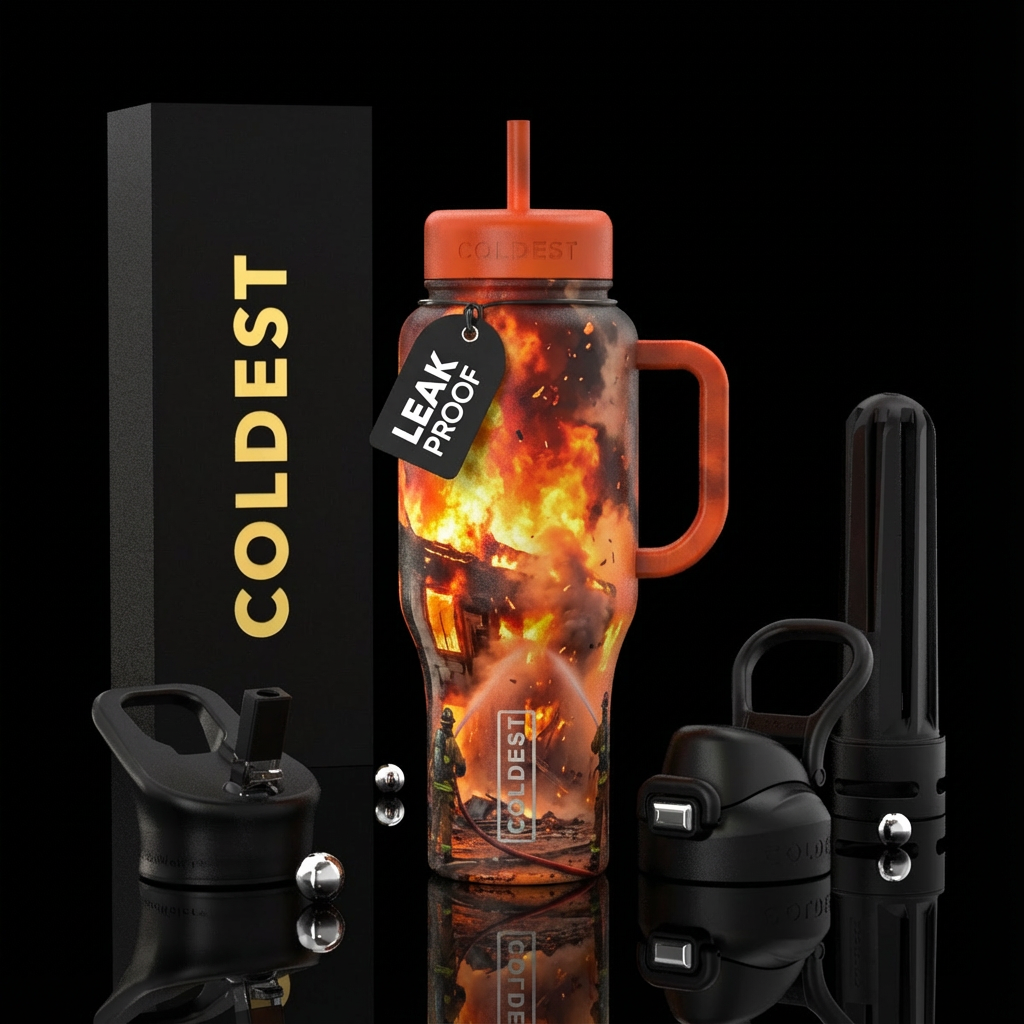 Structure fire, chaos, realism, explosive, smoke, ... water bottle design