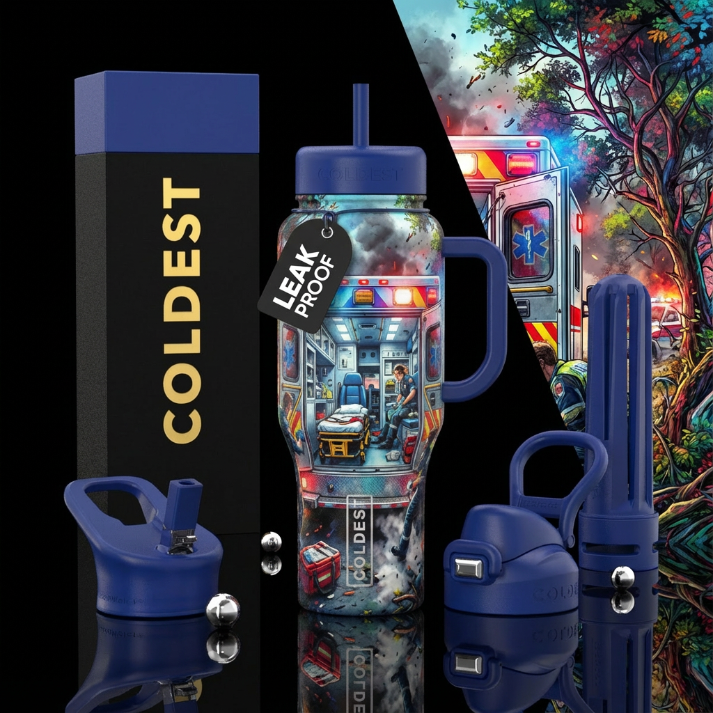 EMS, ambulance, open doors into rig, realism, chao... water bottle design