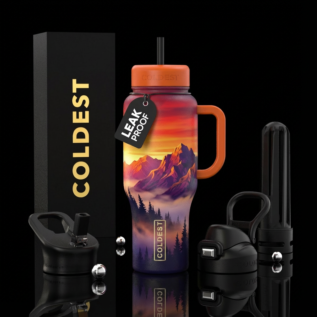Trees poking out from the fog line, mountains arou... water bottle design
