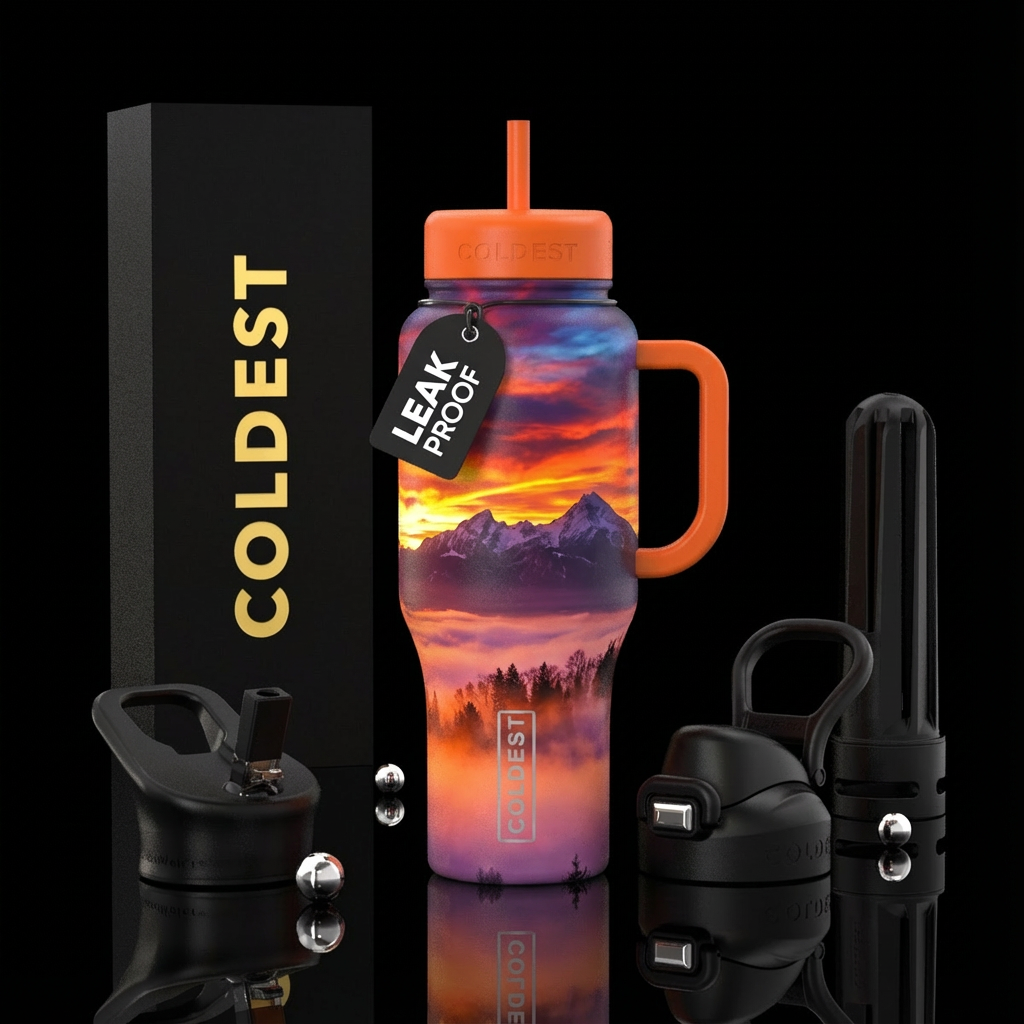 Trees poking out from the fog line, mountains arou... water bottle design