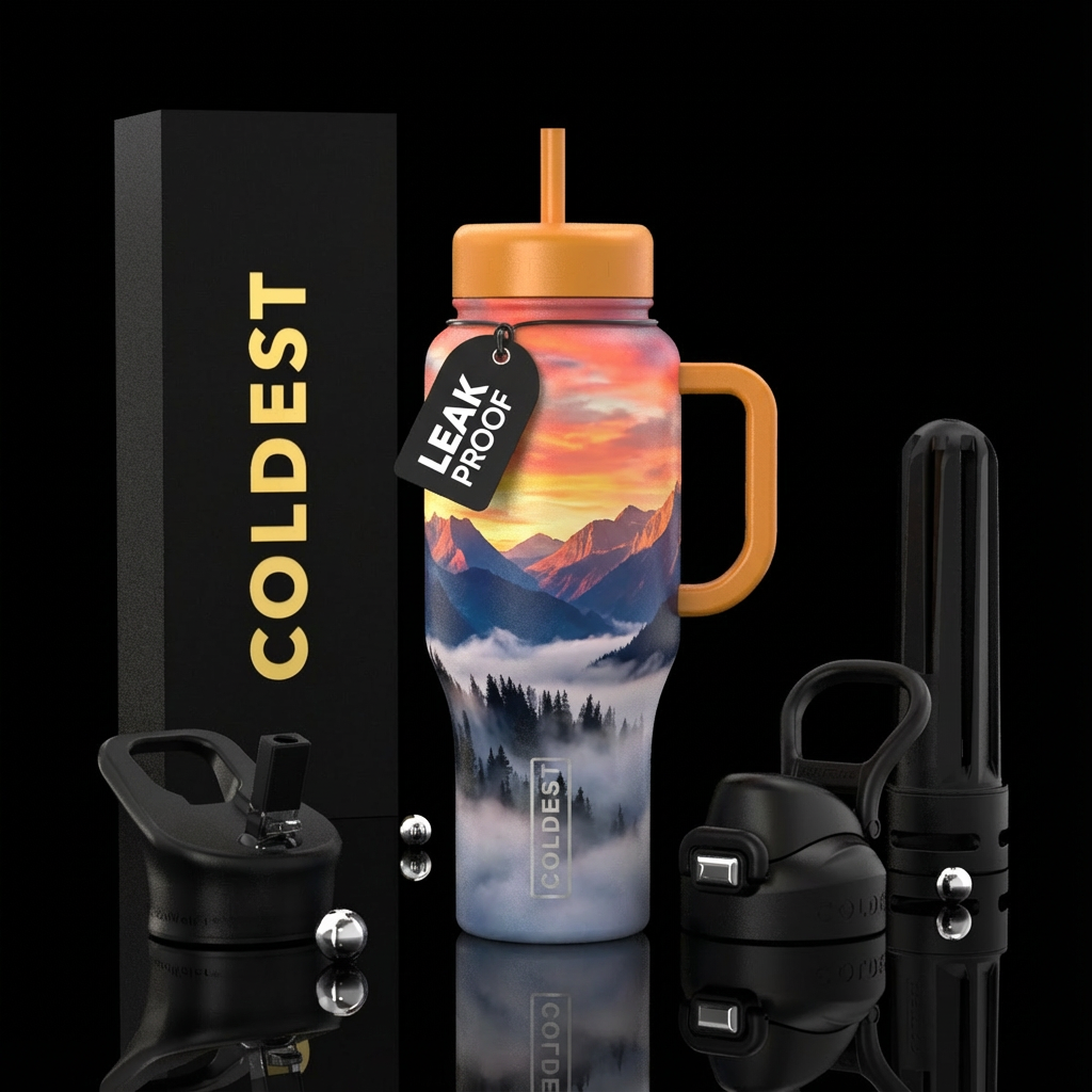 Trees poking out from the fog line, mountains arou... water bottle design